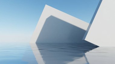 Soyut asgari Geometri arkaplanının 3d görüntülenmesi, suyun üzerinde beyaz beton duvarlı boş boşluk