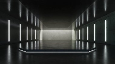 Neon lambalı soyut mimari arkaplan, karanlık bilim kurgu iç tasarımı, boş beton zemin ve duvarlı araba sunumu arkaplanı