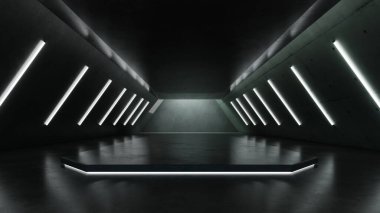 Neon lambalı soyut mimari arkaplan, karanlık bilim kurgu iç tasarımı, boş beton zemin ve duvarlı araba sunumu arkaplanı