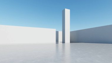 Soyut modern mimari arka plan, minimal geometri mimari tasarımı, boş beton zeminli araba sunumu arkaplanı, Geometrik beyaz bloklar bina tasarımı