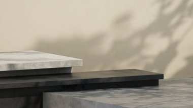 Asgari podyumun 3d illüstrasyonu, ağaç yaprağı gölgesi ile basit geometrik ürün görüntüsü, kozmetik sunum arkaplanı