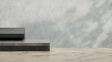 Asgari podyumun 3d illüstrasyonu, ağaç yaprağı gölgesi ile basit geometrik ürün görüntüsü, kozmetik sunum arkaplanı