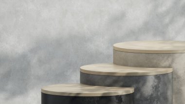 Asgari podyumun 3d illüstrasyonu, ağaç yaprağı gölgesi ile basit geometrik ürün görüntüsü, kozmetik sunum arkaplanı