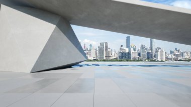 Soyut modern beton mimari, minimal geometri mimari arka planı, boş beton zeminli dış araba sunumu, 3D görüntüleme