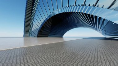 Soyut eğri mimari arkaplan, boş beton zeminli araba sunumu zemin, kemer eğrisi cam geometrik giriş binası tasarımı, 3D görüntüleme