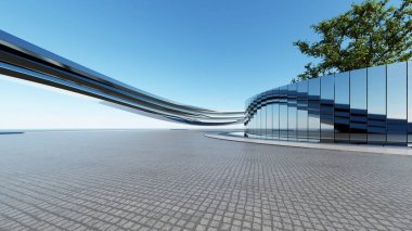Modern çevre dostu mimari, yeşil mimari tasarım, araba sunumu için soyut eğri bina zemin boş beton zeminli sunum arkaplanı, 3D görüntüleme