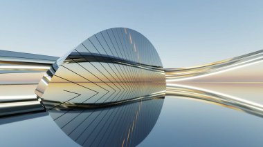 Soyut titanyum ve neon ışıklı mimari arka plan, eğri geometri mimarisi, içi boş döşemeli araba sunumu, metal bina, 3D görüntüleme