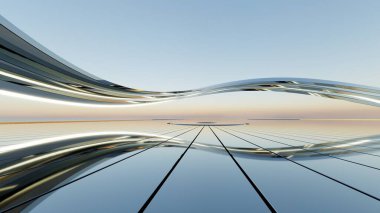 Soyut titanyum ve neon ışıklı mimari arka plan, eğri geometri mimarisi, içi boş döşemeli araba sunumu, metal bina, 3D görüntüleme