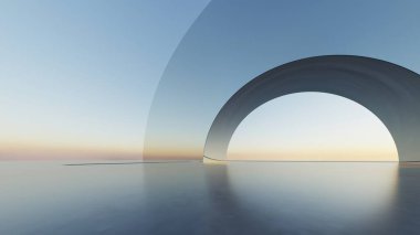 Soyut kıvrımlı mimari arkaplan, beton zeminli boş alan, fütüristik modern yapı arkaplanı, 3D görüntüleme