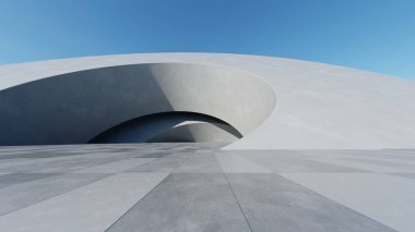 Soyut kıvrımlı mimari arkaplan, beton zeminli boş alan, fütüristik modern yapı arkaplanı, 3D görüntüleme