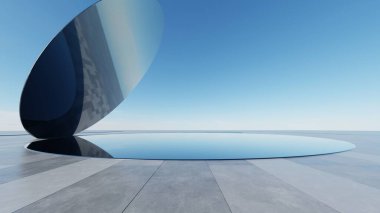 Soyut modern cam mimari arka plan, minimal çember geometri mimari tasarımı, boş podyum ile araba sunumu arkaplanı, 3D görüntüleme