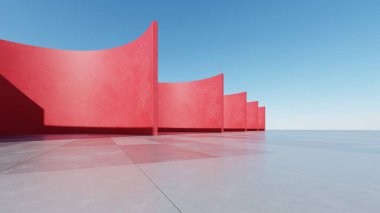 Soyut kırmızı kıvrımlı mimari arkaplan, beton zeminli boş eğri duvar alanı, modern dış fon, minimal yapı, 3D oluşturma