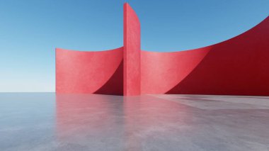 Soyut kırmızı kıvrımlı mimari arkaplan, beton zeminli boş eğri duvar alanı, modern dış fon, minimal yapı, 3D oluşturma