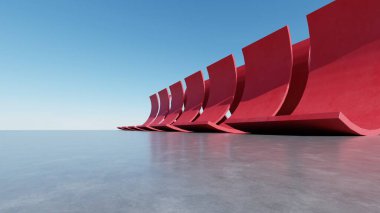 Soyut kırmızı kıvrımlı mimari arkaplan, beton zeminli boş eğri duvar alanı, modern dış fon, minimal yapı, 3D oluşturma