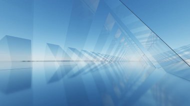 Soyut mimari arkaplan, geometrik cam mimari tasarım, araba sunumu için boş zemin, 3D görüntüleme