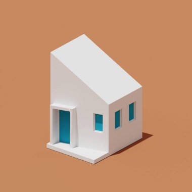 Küçük, modern bir ev, arka planda izometrik bir bina, mimari tasarım, gayrimenkul konsepti, 3D tasarım.