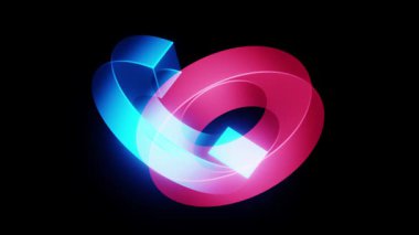 Soyut dönen geometrik, koyu arkaplanda izole edilmiş mavi ve kırmızı ışıklı neon, üç boyutlu canlandırma, döngü canlandırması