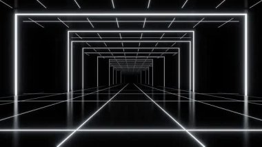 Neon ışıklı gelecekçi sergi odası, boş karanlık alanı olan soyut mimari, ürün sunumu için bilim-kurgu tünel sahnesi, siber uzay, 3d döngü canlandırma canlandırması