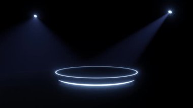 Yuvarlak podyum neon ışıklı gelecekçi siber uzay, spot ışığı olan soyut geometri, ürün sunumu için bilim kurgu sahnesi, 3D canlandırma, döngü animasyonu