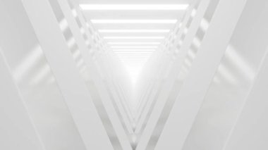 Boş beyaz parlak beton ile soyut çalışan üçgen tünel uzayı, neon ışıklı Geometrik, bilim-kurgu iç, 3d görüntüleme, döngü canlandırması