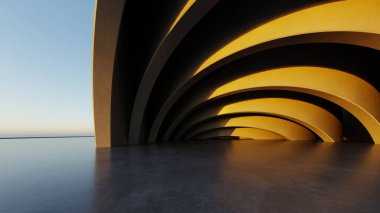 Soyut kıvrımlı mimari arkaplan, beton zeminli boş dış alan, araba sunumu için gelecekçi modern bina, 3D görüntüleme