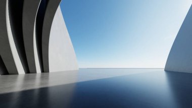 Soyut kıvrımlı mimari arkaplan, beton zeminli boş dış alan, araba sunumu için gelecekçi modern bina, 3D görüntüleme