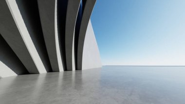 Soyut kıvrımlı mimari arkaplan, beton zeminli boş dış alan, araba sunumu için gelecekçi modern bina, 3D görüntüleme