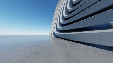 Soyut kıvrımlı mimari arkaplan, beton zeminli boş dış alan, araba sunumu için gelecekçi modern bina, 3D görüntüleme