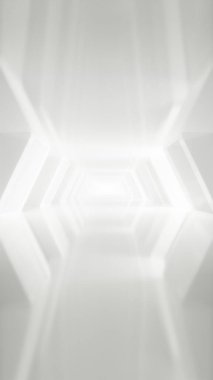 Geometrik Şablonları ve Parlayan Işıkları ile Geleceğin Beyaz Tüneli Derinliğe, Sonsuzluğa ve Işık Yansımaları ve Sonsuz Olasılıkları ile Modernliğe Giden Soyut Bir Yolculuk, 3D