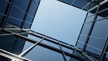 Yansıtıcı yüzeyler ve turkuaz aksanlı cam cephe içeren modern mimari tasarım, dinamik ve fütüristik kentsel ortam yaratma, 3D görüntüleme