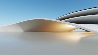 Soyut kıvrımlı mimari arkaplan, boş beton zeminli dış alan, araba sunumu için gelecekçi modern bina, 3D görüntüleme