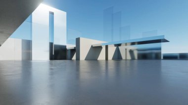 Soyut mimari arka plan, boş beton zeminde camlı Beyaz Beton Duvar, araba sunumu için sahne, Modern Dış görünüş, 3D görüntüleme