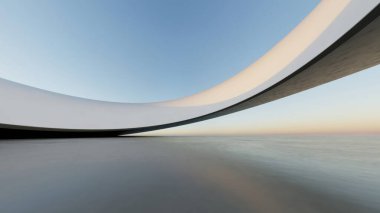 Soyut mimari arka plan, Beyaz Eğri Beton Bina boş beton zemin, araba sunumu için sahne, Modern Dış görünüş, 3D görüntüleme