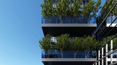 Şirket Ofisi, cam cepheli modern bina ve ağaçların yer aldığı yeşil balkonlar, açık mavi gökyüzüne karşı çevre dostu mimari sergilenen 3D