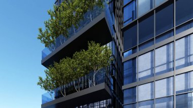 Şirket Ofisi, cam cepheli modern bina ve ağaçların yer aldığı yeşil balkonlar, açık mavi gökyüzüne karşı çevre dostu mimari sergilenen 3D