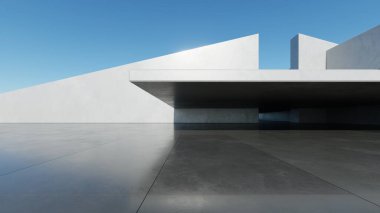Soyut mimari arka plan, boş beton zeminde Beyaz Beton Duvar, Modern Dış Giriş, araba sunumu için sahne, 3D canlandırma