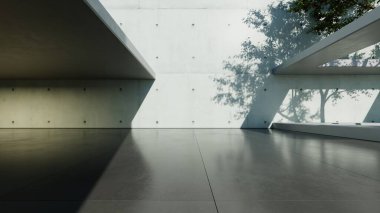 Soyut mimari arka plan, boş beton zeminde Beyaz Beton Duvar, Modern Dış Giriş, araba sunumu için sahne, 3D canlandırma