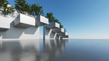 Soyut mimari arka plan, boş beton zeminde dikey ağaç olan Beyaz Beton Duvar, Modern Dış Giriş, araba sunumu için sahne, 3D canlandırma