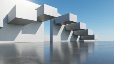 Soyut mimari arka plan, boş beton zeminde Beyaz Beton Duvar, Modern Dış Giriş, araba sunumu için sahne, 3D canlandırma