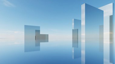 Su yüzeyinde soyut Geometri Arkaplanı, Metalik veya Cam Geometrik Şekil, Gerçeküstü Bina, Minimum Mimari Tasarım, 3D Yapılandırma