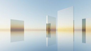 Su yüzeyinde soyut Geometri Arkaplanı, Metalik veya Cam Geometrik Şekil, Gerçeküstü Bina, Minimum Mimari Tasarım, 3D Yapılandırma