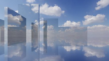 Su yüzeyinde soyut Geometri Arkaplanı, Metalik veya Cam Geometrik Şekil, Gerçeküstü Bina, Minimum Mimari Tasarım, 3D Yapılandırma