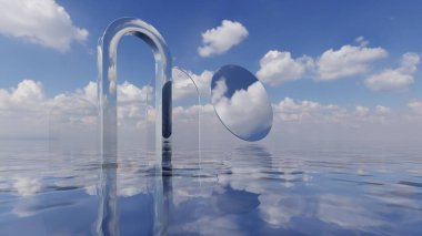 Su yüzeyinde soyut Geometri Arkaplanı, Metalik veya Cam Geometrik Şekil, Gerçeküstü Bina, Minimum Mimari Tasarım, 3D Yapılandırma