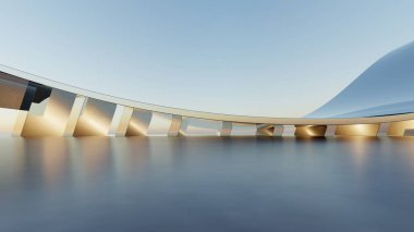 Soyut mimari arka plan, Eğri Cam veya metalik bina boş beton zemin, araba sunumu için sahne, Modern Dış görünüş, 3D görüntüleme