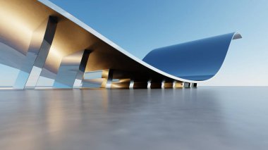 Soyut mimari arka plan, Eğri Cam veya metalik bina boş beton zemin, araba sunumu için sahne, Modern Dış görünüş, 3D görüntüleme