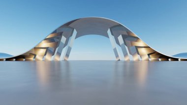 Soyut mimari arka plan, Eğri Cam veya metalik bina boş beton zemin, araba sunumu için sahne, Modern Dış görünüş, 3D görüntüleme