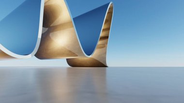 Soyut mimari arka plan, Eğri Cam veya metalik bina boş beton zemin, araba sunumu için sahne, Modern Dış görünüş, 3D görüntüleme