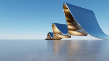 Soyut mimari arka plan, Eğri Cam veya metalik bina boş beton zemin, araba sunumu için sahne, Modern Dış görünüş, 3D görüntüleme