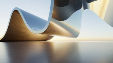 Soyut mimari arka plan, Eğri Cam veya metalik bina boş beton zemin, araba sunumu için sahne, Modern Dış görünüş, 3D görüntüleme