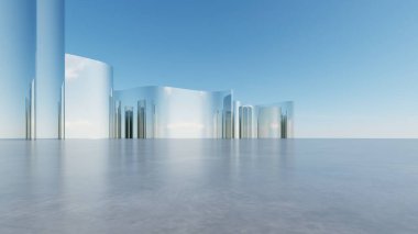 Soyut mimari arkaplan, Eğri Cam veya Metalik İnşaat Duvarı boş beton zemin, araba sunumu için sahne, Modern Dış görünüş, 3D görüntüleme